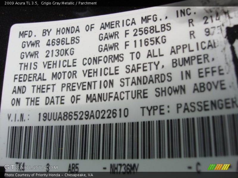 Grigio Gray Metallic / Parchment 2009 Acura TL 3.5