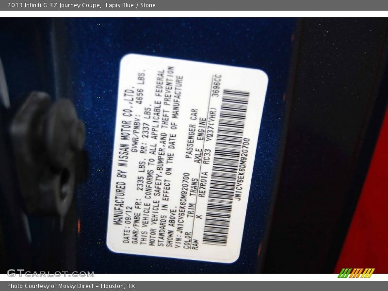 2013 G 37 Journey Coupe Lapis Blue Color Code RAW