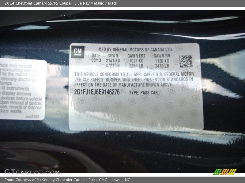 Info Tag of 2014 Camaro SS/RS Coupe