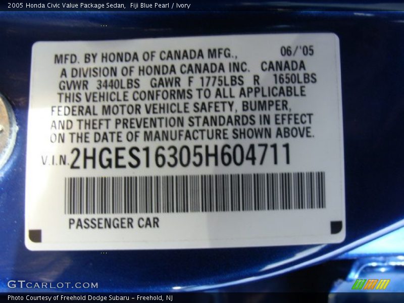 Fiji Blue Pearl / Ivory 2005 Honda Civic Value Package Sedan