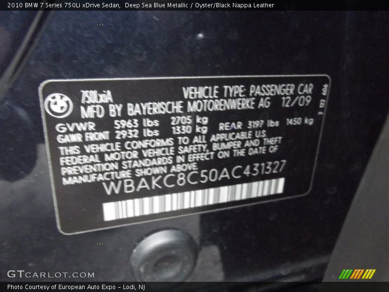 Deep Sea Blue Metallic / Oyster/Black Nappa Leather 2010 BMW 7 Series 750Li xDrive Sedan