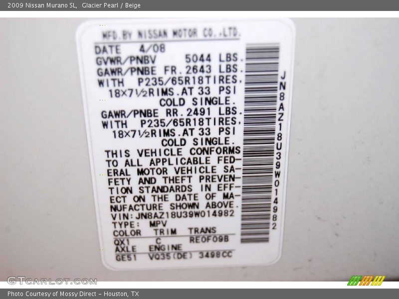 Glacier Pearl / Beige 2009 Nissan Murano SL