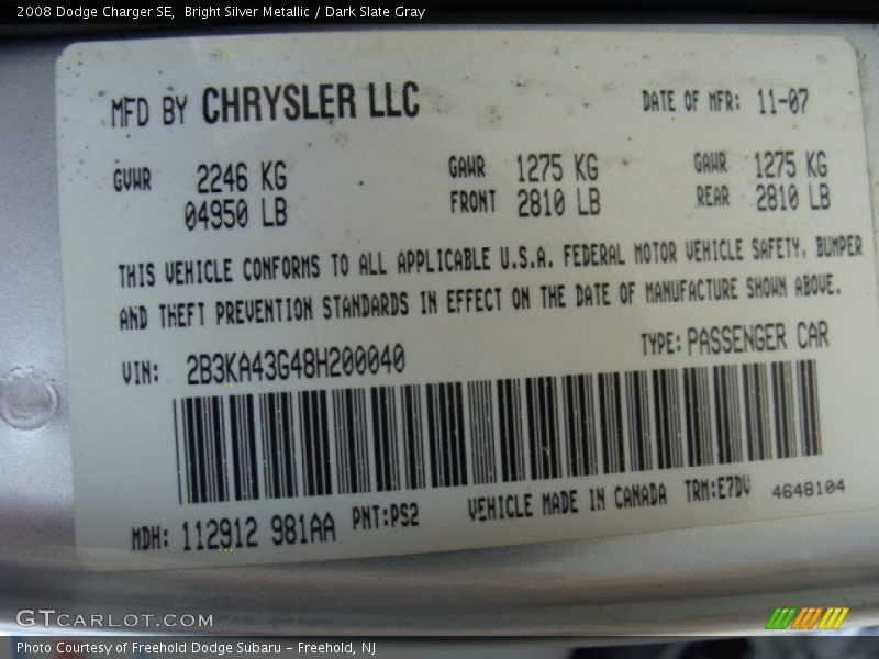 Bright Silver Metallic / Dark Slate Gray 2008 Dodge Charger SE