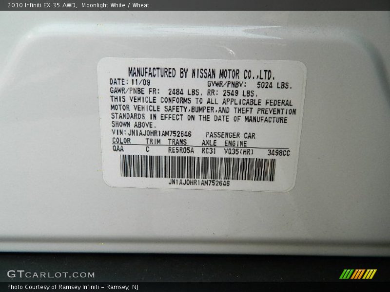 Moonlight White / Wheat 2010 Infiniti EX 35 AWD