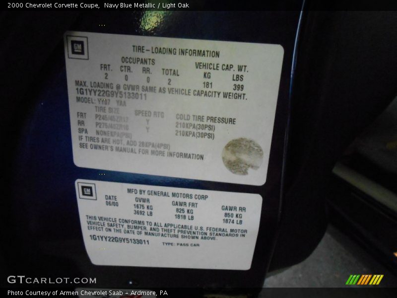 Navy Blue Metallic / Light Oak 2000 Chevrolet Corvette Coupe