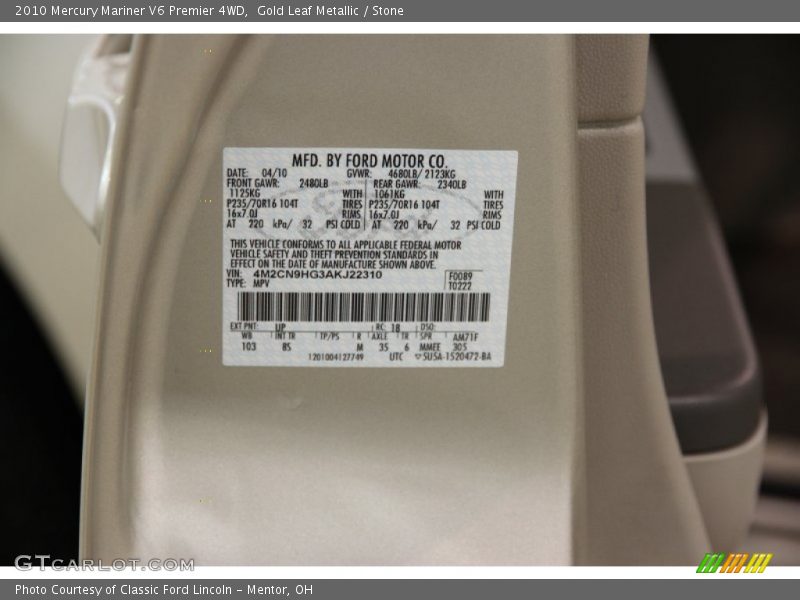 Gold Leaf Metallic / Stone 2010 Mercury Mariner V6 Premier 4WD