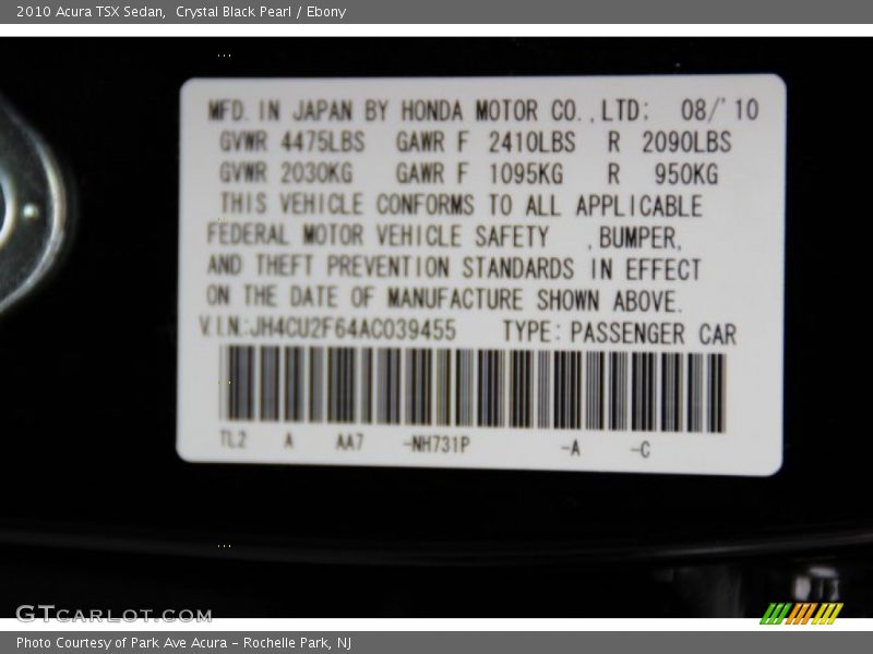 Crystal Black Pearl / Ebony 2010 Acura TSX Sedan