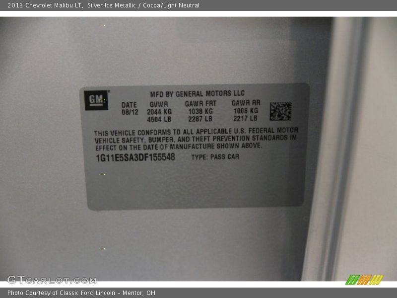 Silver Ice Metallic / Cocoa/Light Neutral 2013 Chevrolet Malibu LT