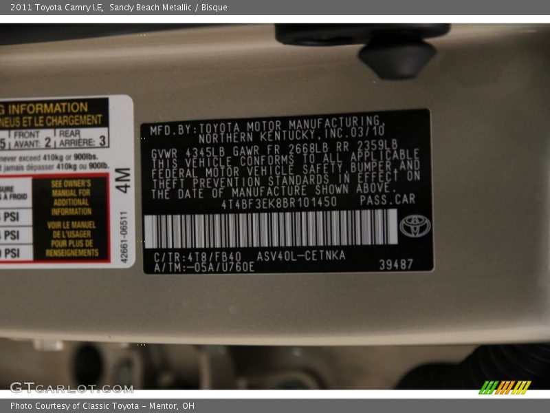 Sandy Beach Metallic / Bisque 2011 Toyota Camry LE