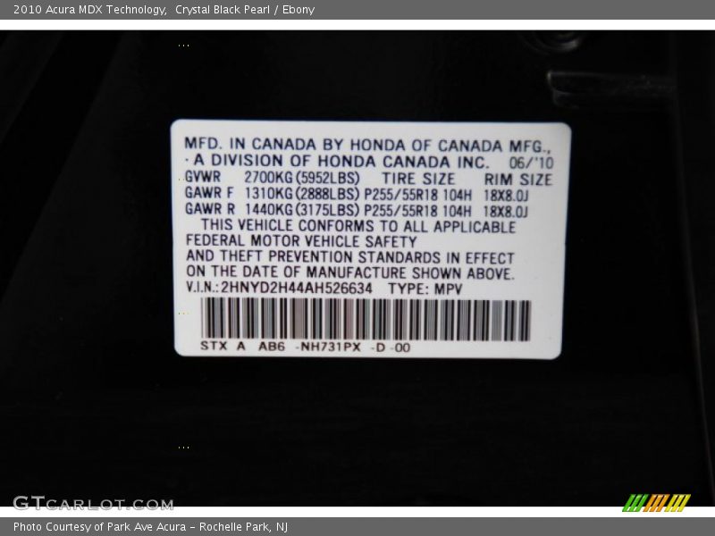 Crystal Black Pearl / Ebony 2010 Acura MDX Technology