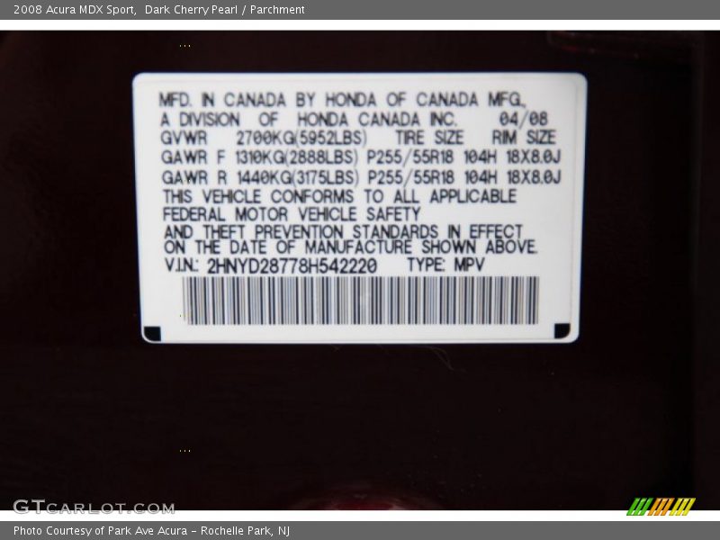 Dark Cherry Pearl / Parchment 2008 Acura MDX Sport