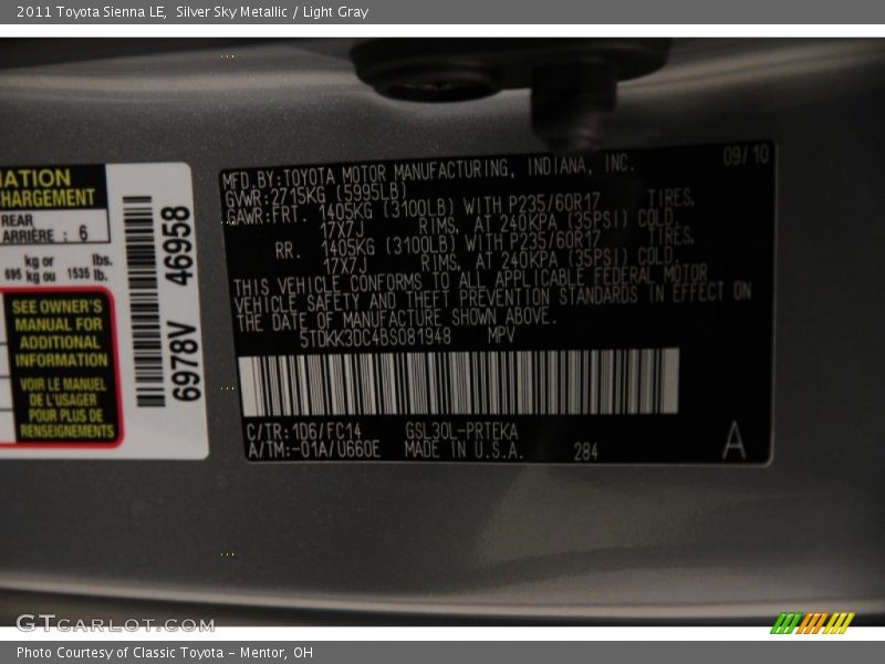 Silver Sky Metallic / Light Gray 2011 Toyota Sienna LE