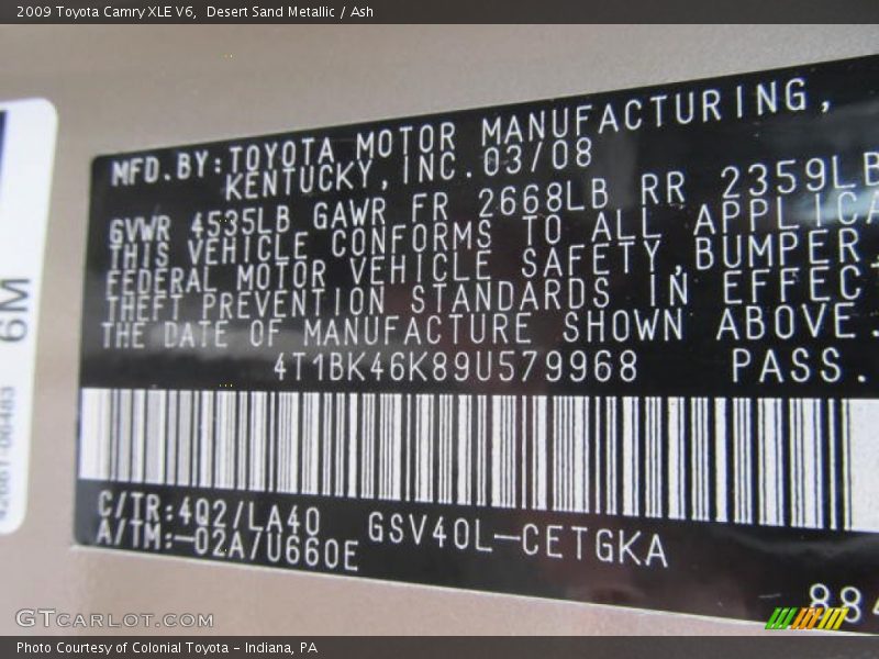 Desert Sand Metallic / Ash 2009 Toyota Camry XLE V6