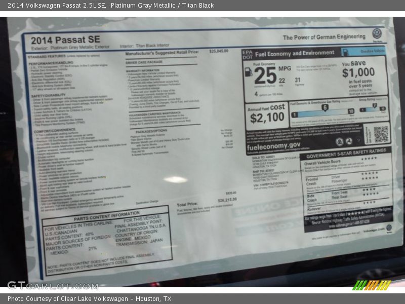  2014 Passat 2.5L SE Window Sticker