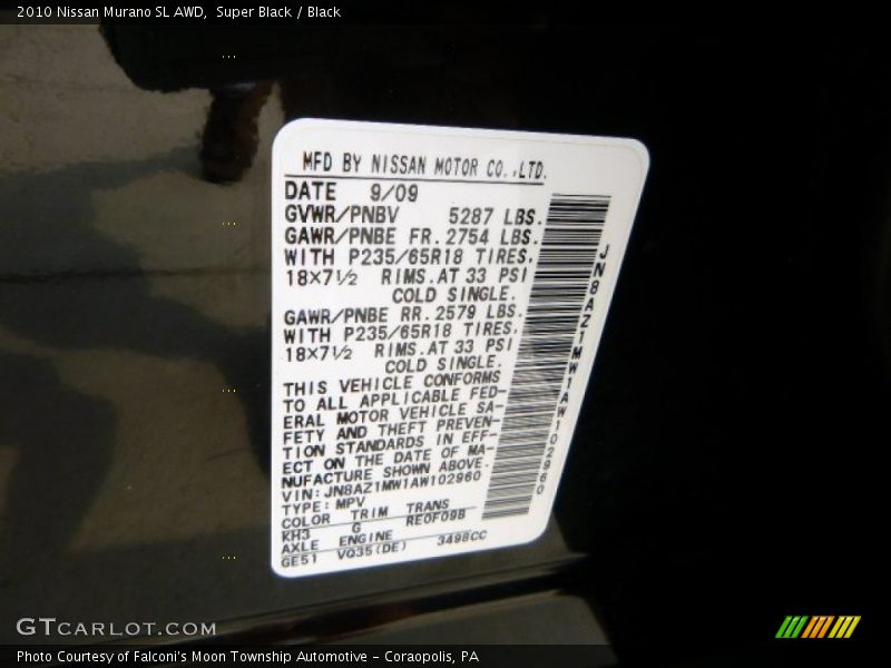 Super Black / Black 2010 Nissan Murano SL AWD