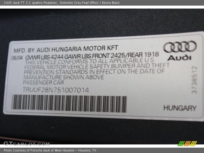 Dolomite Grey Pearl Effect / Ebony Black 2005 Audi TT 3.2 quattro Roadster