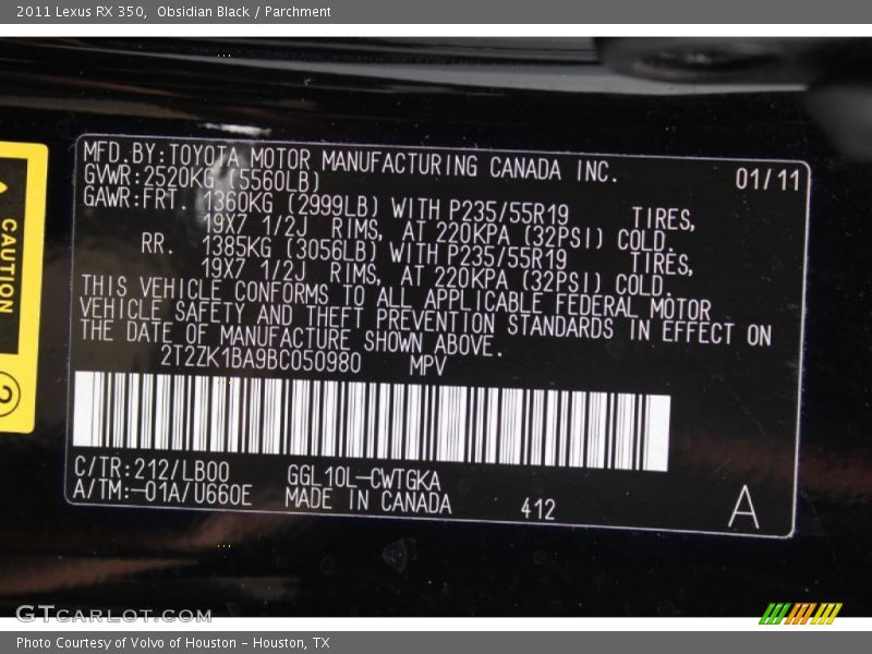 Obsidian Black / Parchment 2011 Lexus RX 350