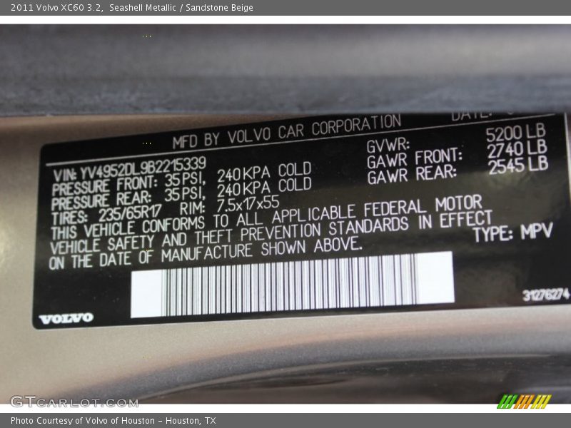 Seashell Metallic / Sandstone Beige 2011 Volvo XC60 3.2