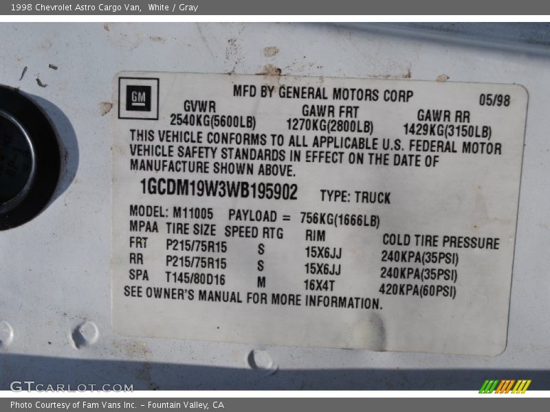 White / Gray 1998 Chevrolet Astro Cargo Van