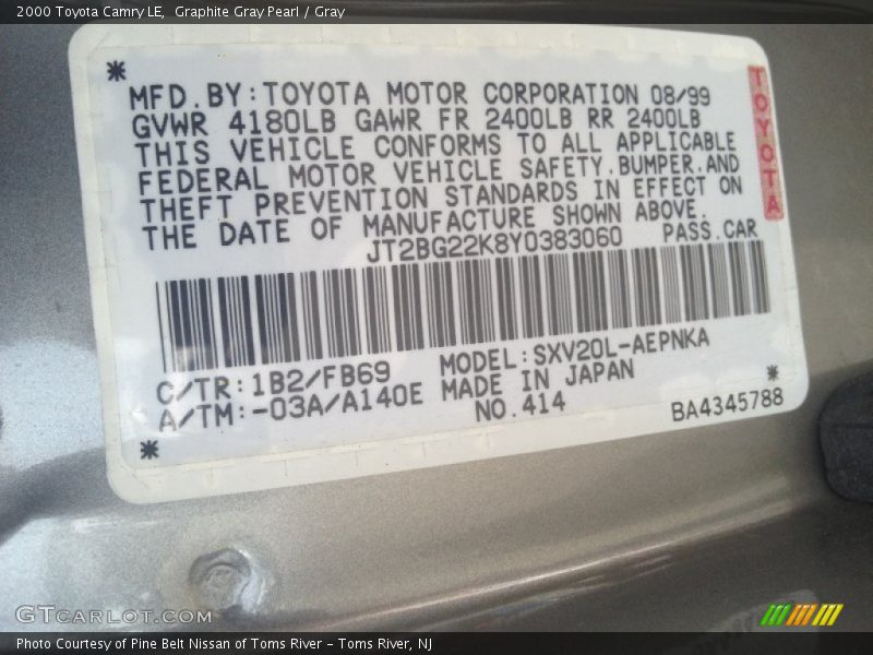 Graphite Gray Pearl / Gray 2000 Toyota Camry LE