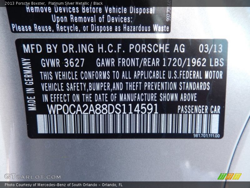 Platinum Silver Metallic / Black 2013 Porsche Boxster