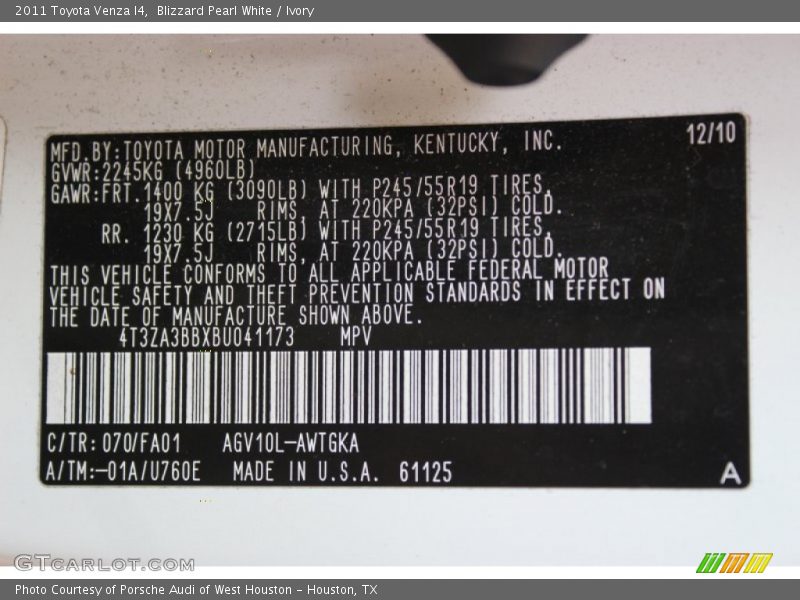 Blizzard Pearl White / Ivory 2011 Toyota Venza I4