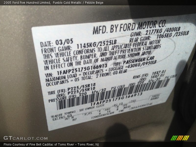 Pueblo Gold Metallic / Pebble Beige 2005 Ford Five Hundred Limited