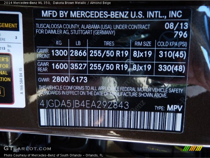 2014 ML 350 Dakota Brown Metallic Color Code 796