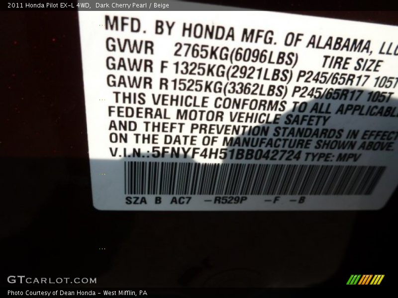 Dark Cherry Pearl / Beige 2011 Honda Pilot EX-L 4WD