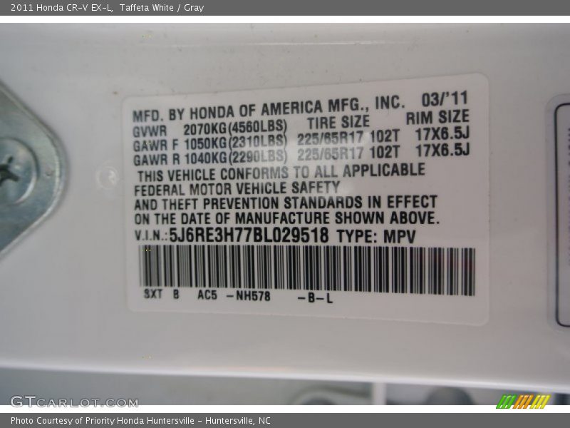 Taffeta White / Gray 2011 Honda CR-V EX-L