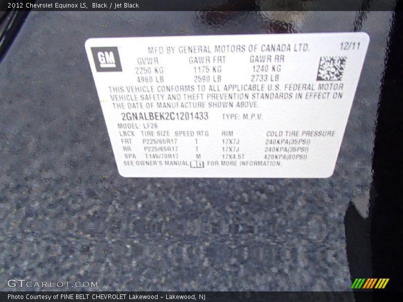 Black / Jet Black 2012 Chevrolet Equinox LS