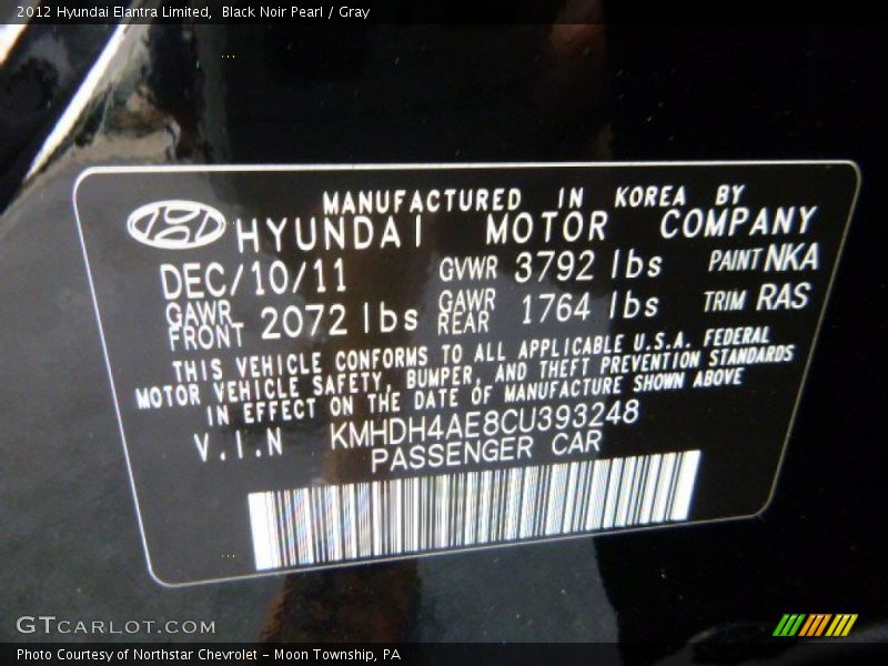 Black Noir Pearl / Gray 2012 Hyundai Elantra Limited