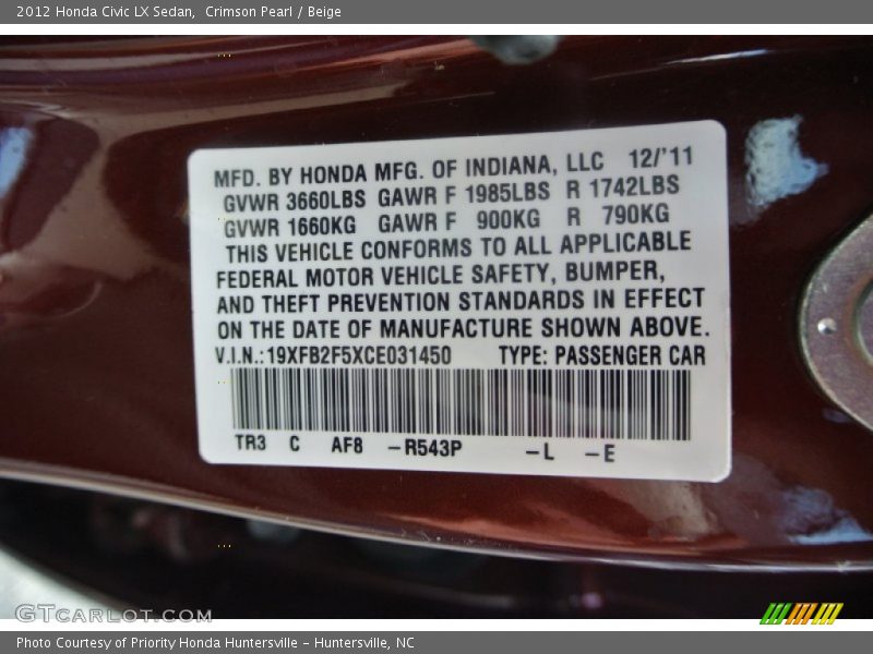 Crimson Pearl / Beige 2012 Honda Civic LX Sedan
