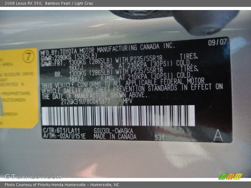Bamboo Pearl / Light Gray 2008 Lexus RX 350