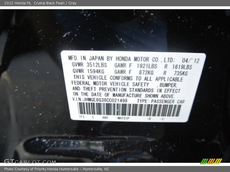 2012 Fit  Crystal Black Pearl Color Code NH731P