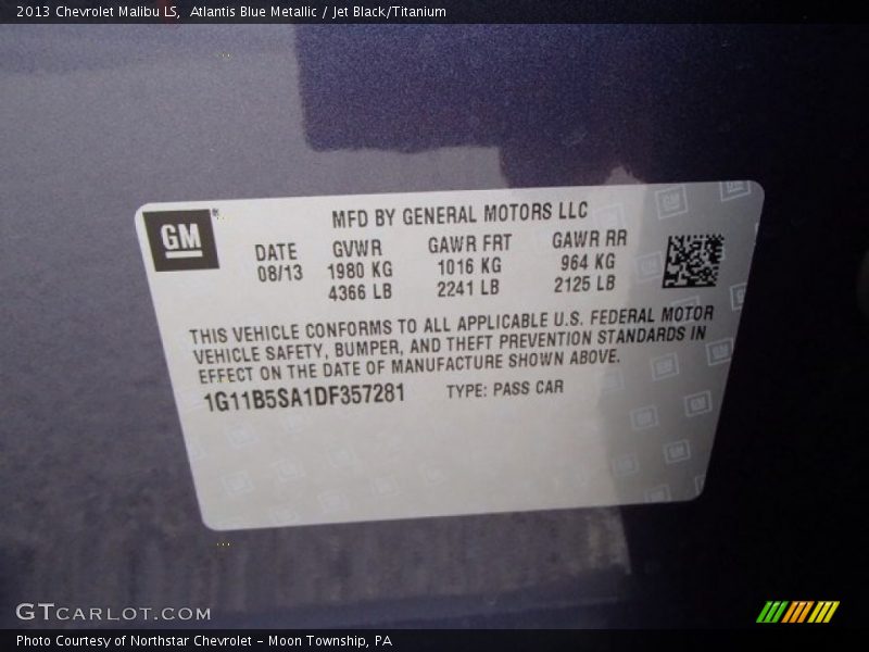 Atlantis Blue Metallic / Jet Black/Titanium 2013 Chevrolet Malibu LS