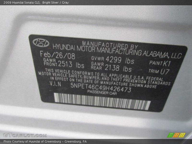 Bright Silver / Gray 2009 Hyundai Sonata GLS