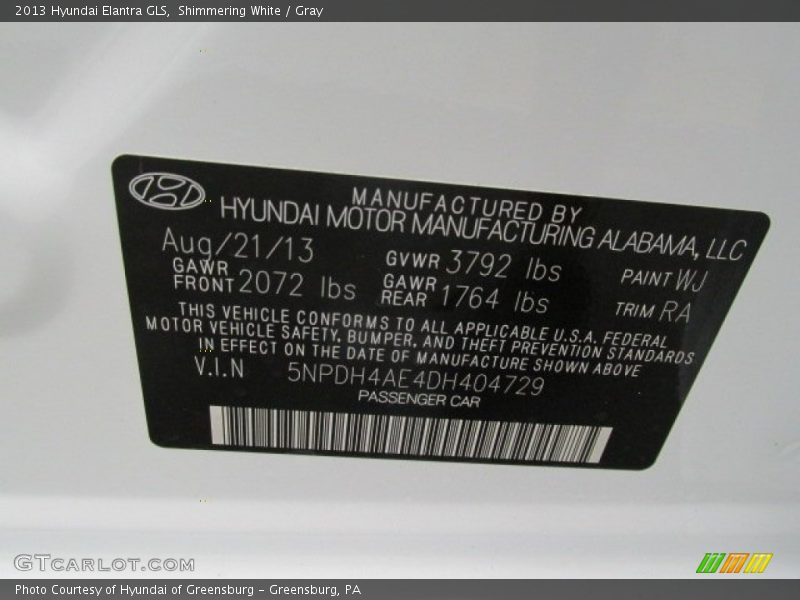 Shimmering White / Gray 2013 Hyundai Elantra GLS