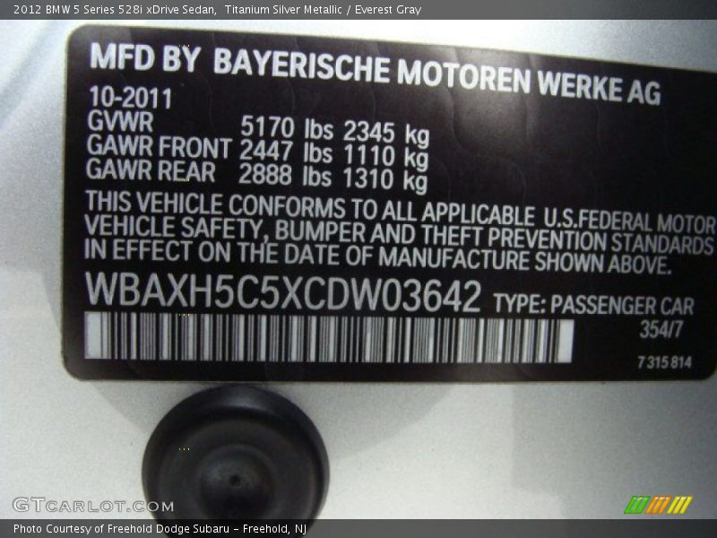 Titanium Silver Metallic / Everest Gray 2012 BMW 5 Series 528i xDrive Sedan