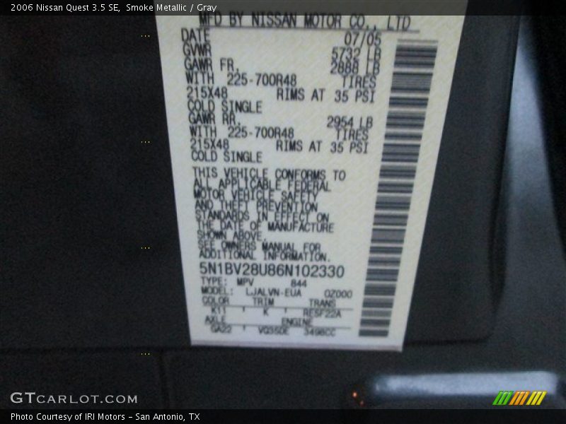 Smoke Metallic / Gray 2006 Nissan Quest 3.5 SE