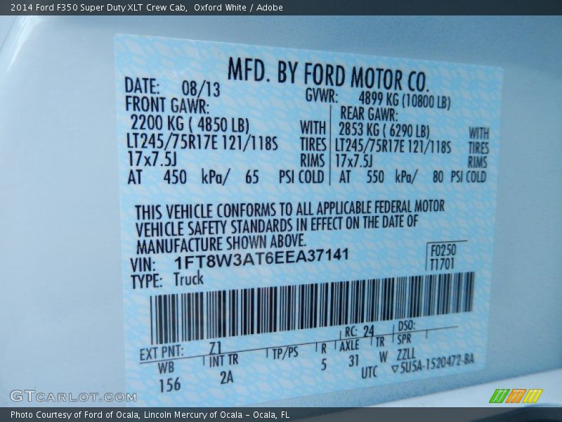 2014 F350 Super Duty XLT Crew Cab Oxford White Color Code Z1