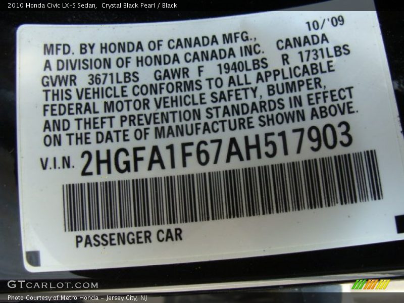 Crystal Black Pearl / Black 2010 Honda Civic LX-S Sedan