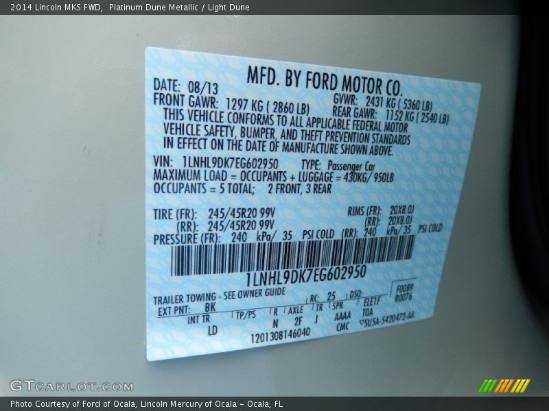 2014 MKS FWD Platinum Dune Metallic Color Code BK