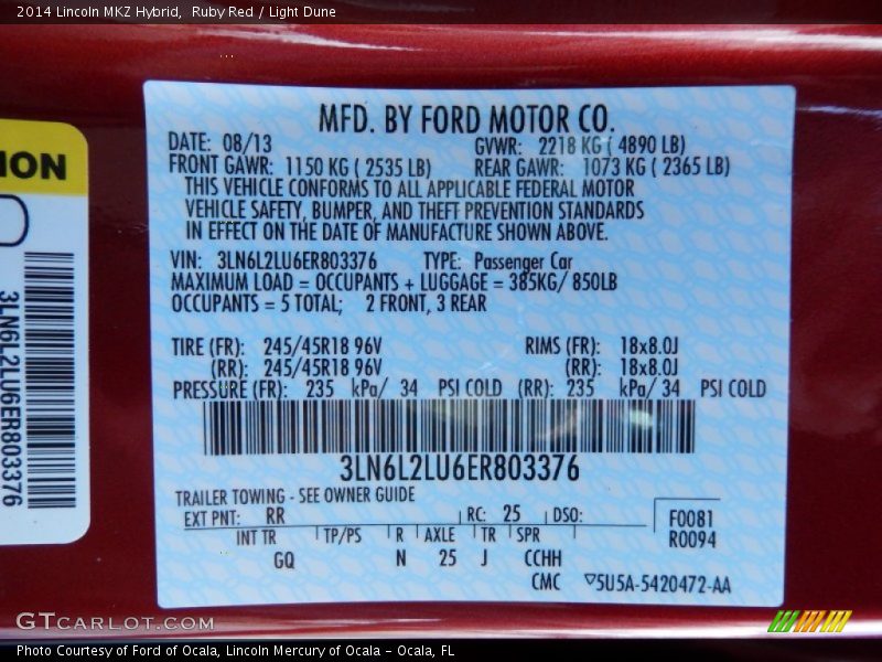 2014 MKZ Hybrid Ruby Red Color Code RR