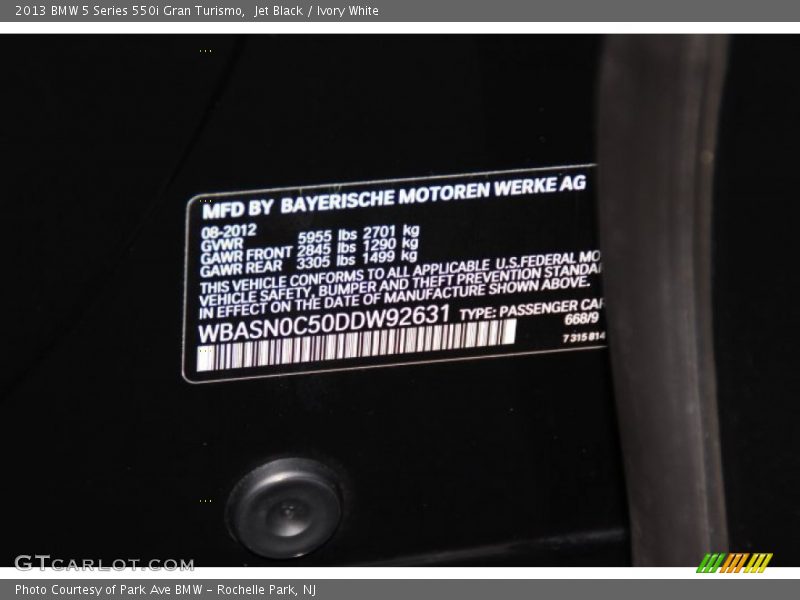 2013 5 Series 550i Gran Turismo Jet Black Color Code 668