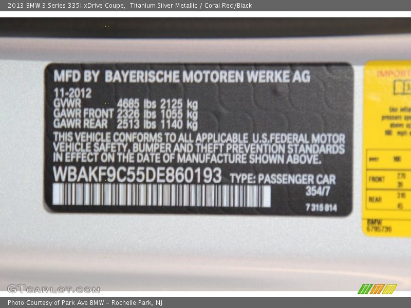 2013 3 Series 335i xDrive Coupe Titanium Silver Metallic Color Code 354
