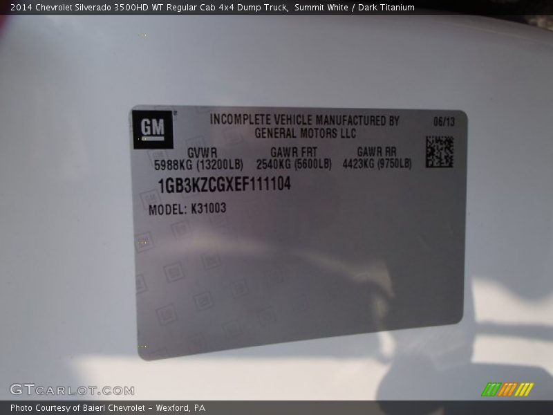 Summit White / Dark Titanium 2014 Chevrolet Silverado 3500HD WT Regular Cab 4x4 Dump Truck