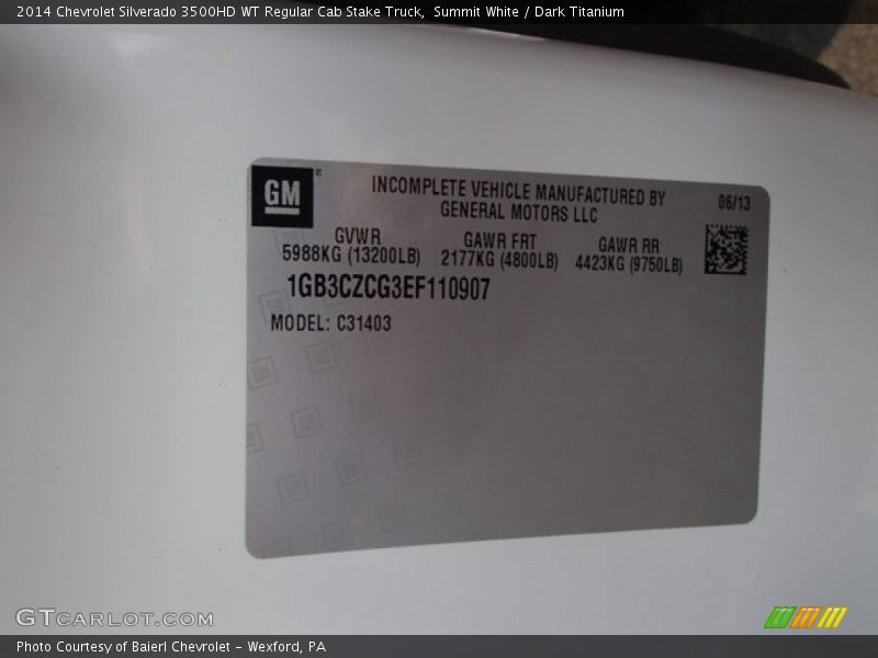 Info Tag of 2014 Silverado 3500HD WT Regular Cab Stake Truck