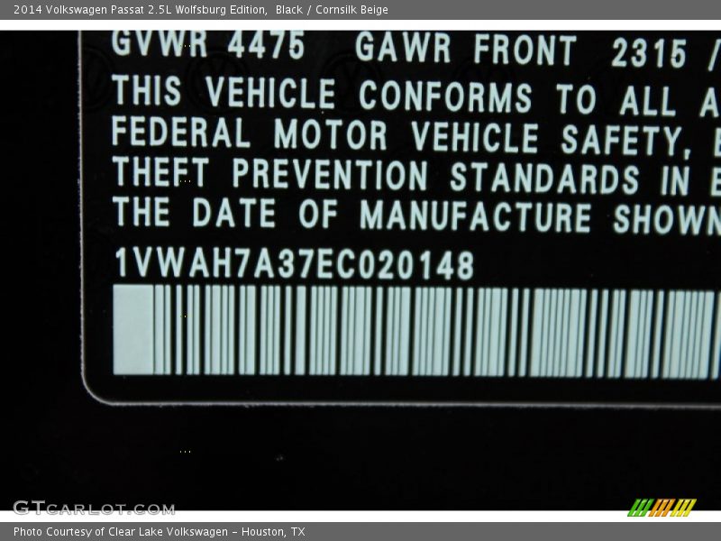 Black / Cornsilk Beige 2014 Volkswagen Passat 2.5L Wolfsburg Edition