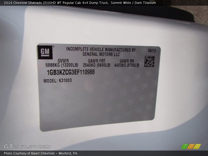 Summit White / Dark Titanium 2014 Chevrolet Silverado 3500HD WT Regular Cab 4x4 Dump Truck